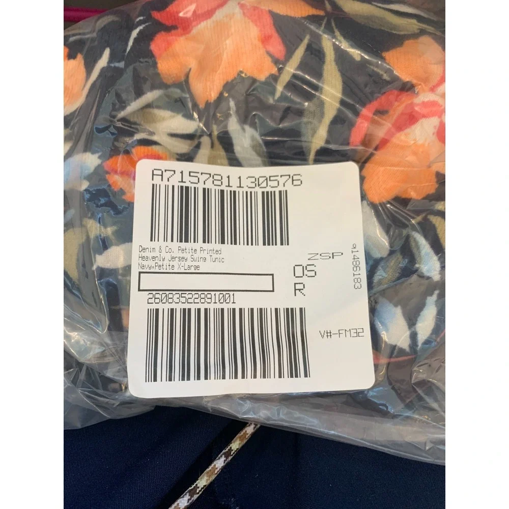 (F-185)Denim & Co Floral Tunic Top Women's Petite XL Navy Orange Long Sleeve QVC